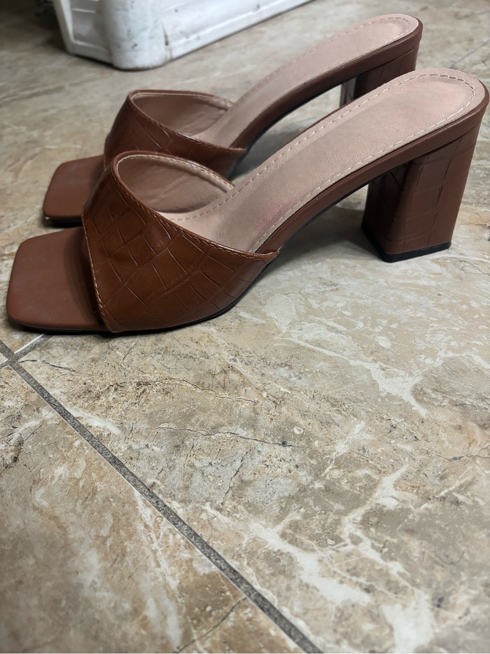 Brown Croc-Embossed Block Heel Slide Sandals - Women